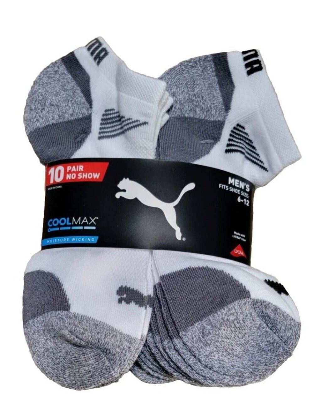 NWT Puma Men's 6-12 10-Pair No Show Socks CoolMax Moisture-Wicking Lycra Blend